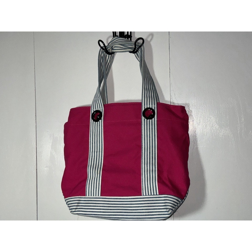 Pink Canvas Tote With Blue Striped Trim Small Coin purse Attached 12 X 12 Beachy